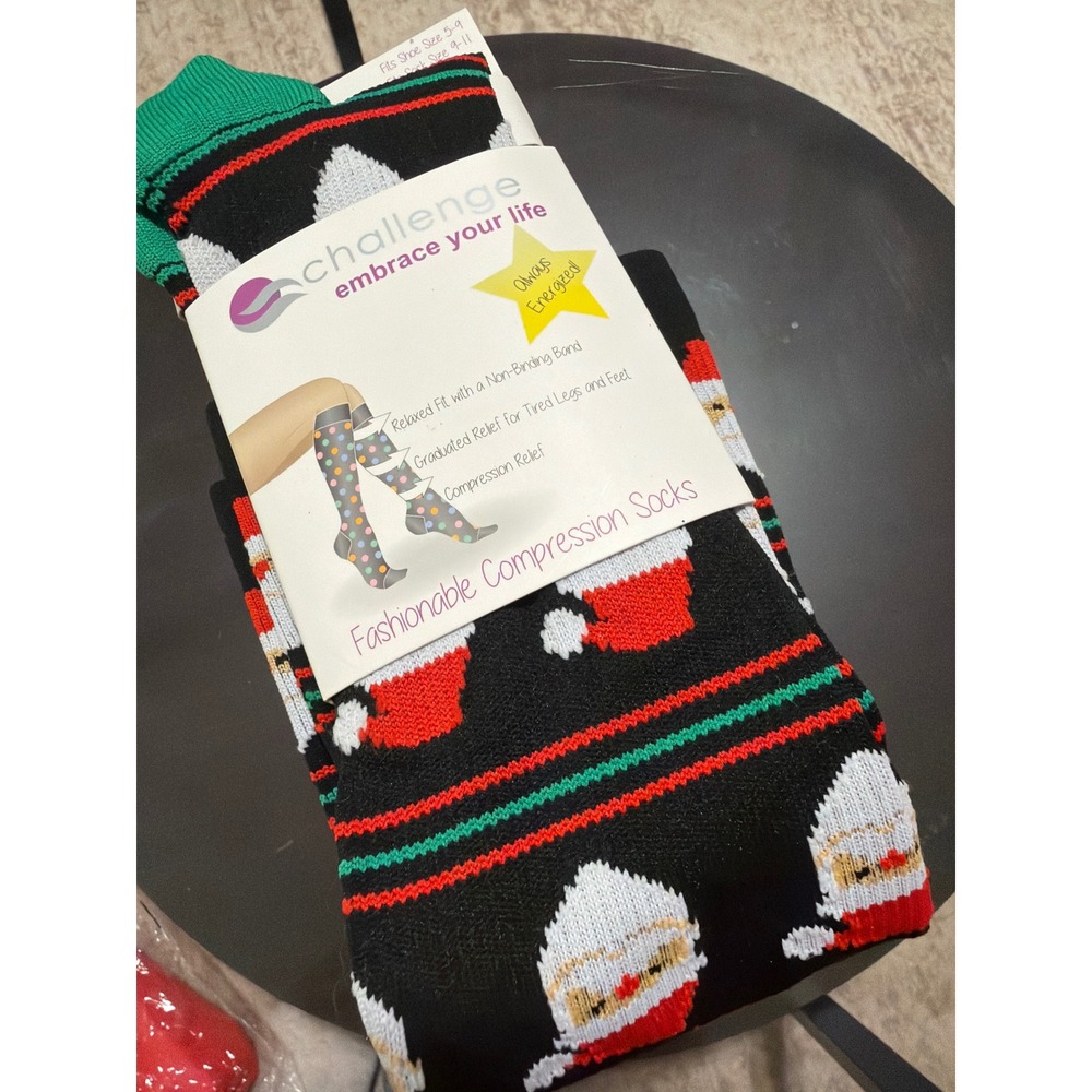 Challenge Santa Christmas Compression Socks Black Green Red 9-11 New
